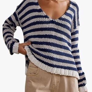 Women’s Oversized Striped Sweater Casual V-Neck Long Sleeve Color Block Pullover